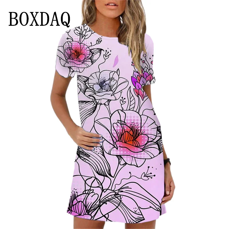 2023 New Vintage Flower Printed Women Dress Summer Short Sleeve Loose Dresses Casual Ladies Dress S-6XL Oversized Women Clothing