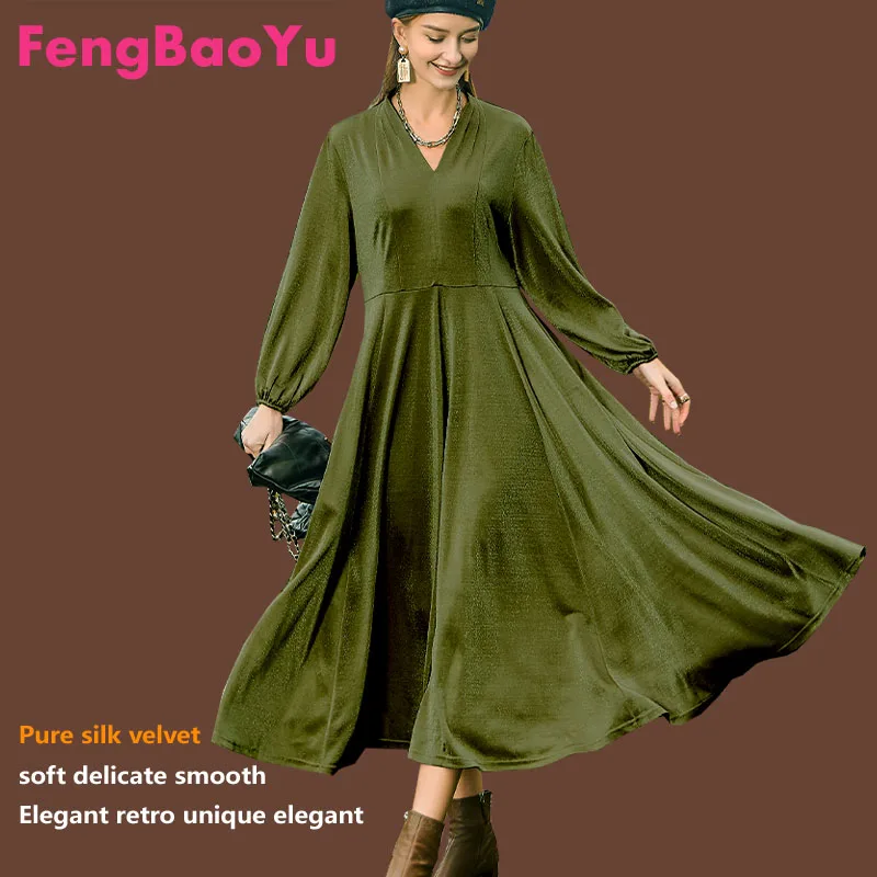 Fengbaoyu-High-End Silk Velvet Dress for Women, Long Sleeves, V-Collar, Elegant Dresses, Plus Size, Autumn and Winter