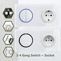 White Glass Wall Light Switch EU Plug Wall Socket, 2 Way Control, Circle Round Button LED Night Light