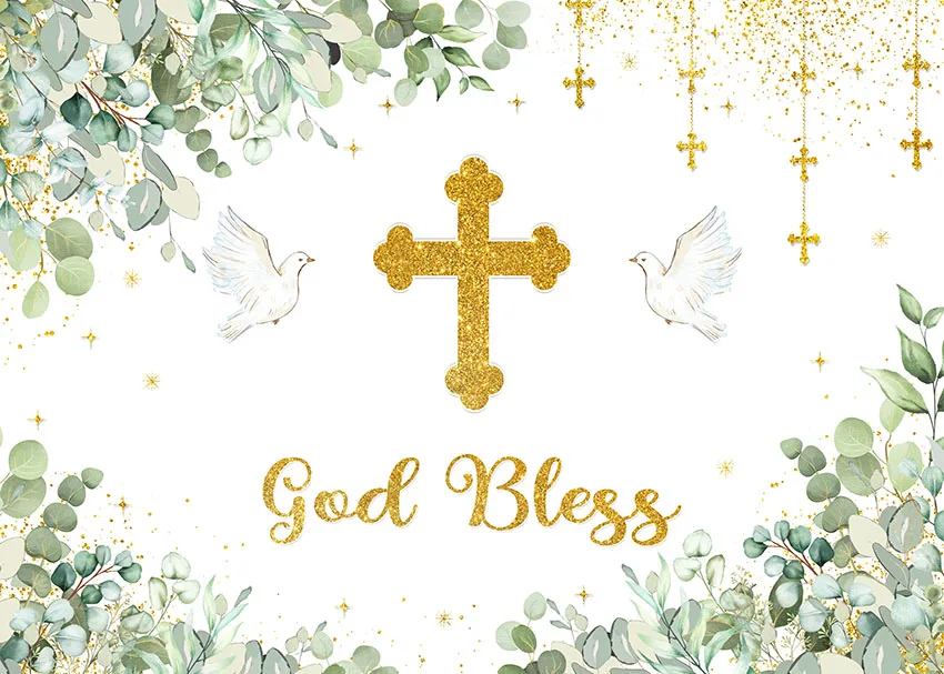 Mehofond God يبارك خلفية المعمودية الذهبي الصليب الأخضر يترك الاطفال صبي فتاة حفلة أول المناولة المقدسة خلفية التعميد