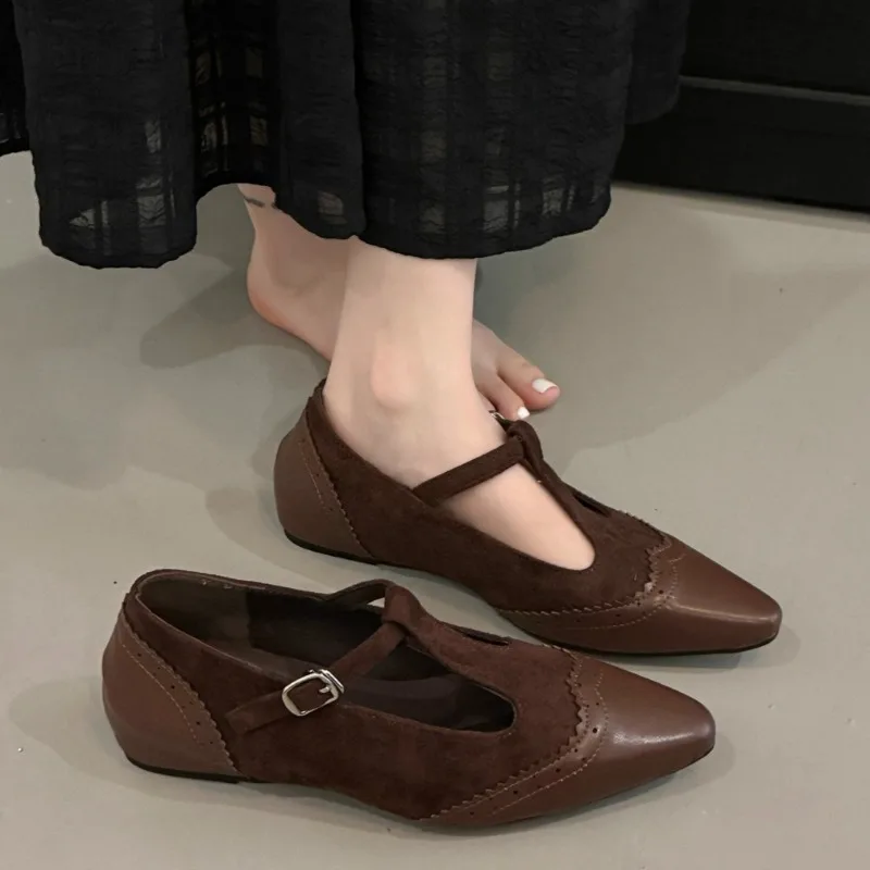 One Buckle Strap Low Heel Single Shoes Autumn New Pointed Toe Shallow Mouth Spliced Suede Soft Sole Non-slip Low Top Shoes