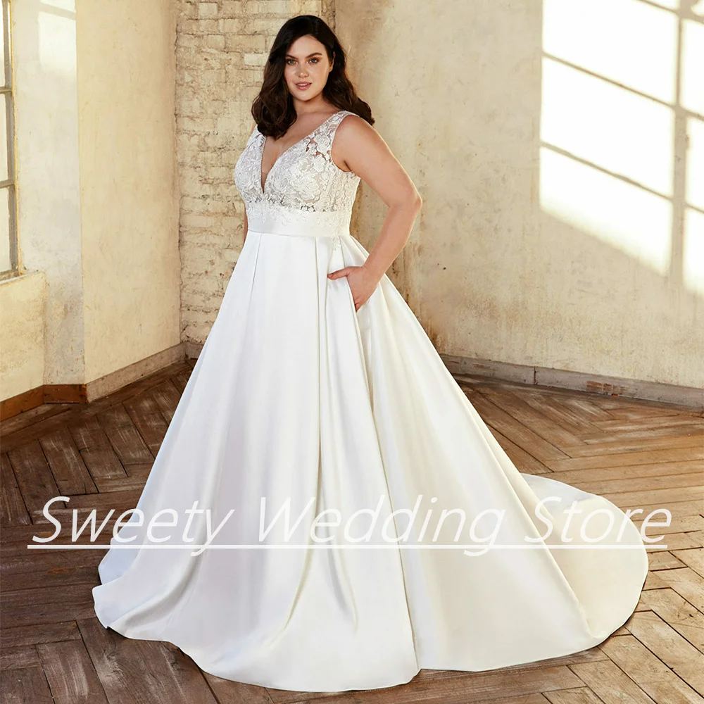 

Classic Plus Size Wedding Dress Jiayigong Sleeveless V Neck Applique A Line Satin Bridal Gown Backless Customized Bride Dresses