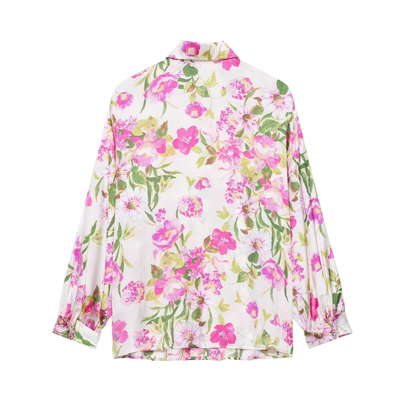 KEYANKETIAN 2026 Retro Vintage Floral Satin Shirt Oversized Cut Lapel Neck, Allover Print & Button Down Closure Blouse Satin Top