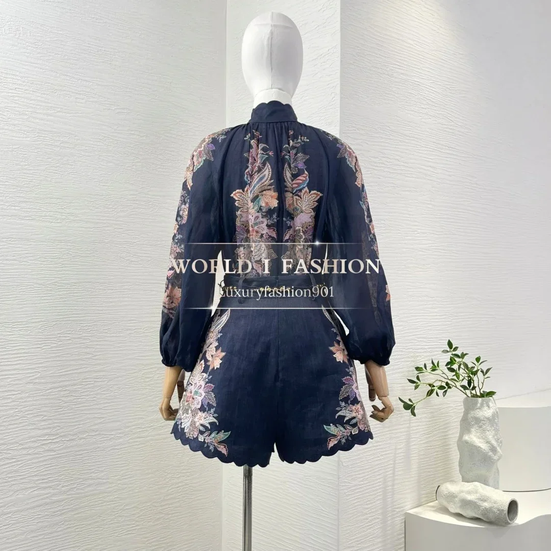 

2025 Navy Blue Paisley Print Long Sleeve Half High Collar Blouse Tops and Shorts Set
