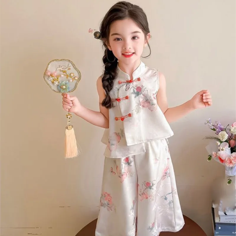 Girls' New Chinese Hanfu Clothing Set Children's Summer Trendy Printed Sleeveless Top Kids' Ancient Top Pants 2-piece Set LJ614