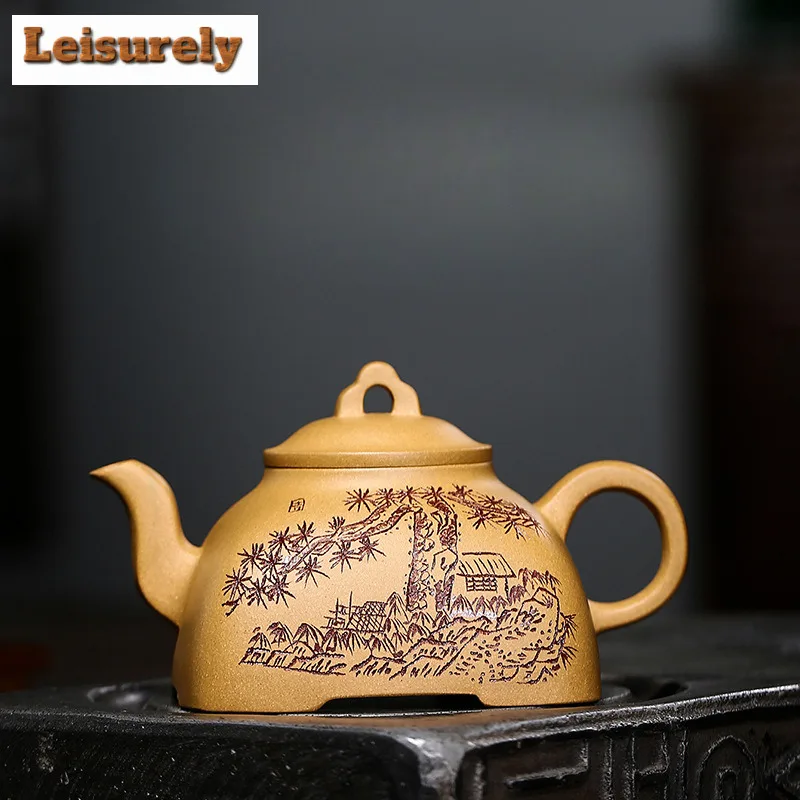 

280ml Yixing Purple Clay Teapots Handmade Square Landscape Pot Raw Ore Gold Section Mud Tea Making Kettle With Infuser Zisha Tea
