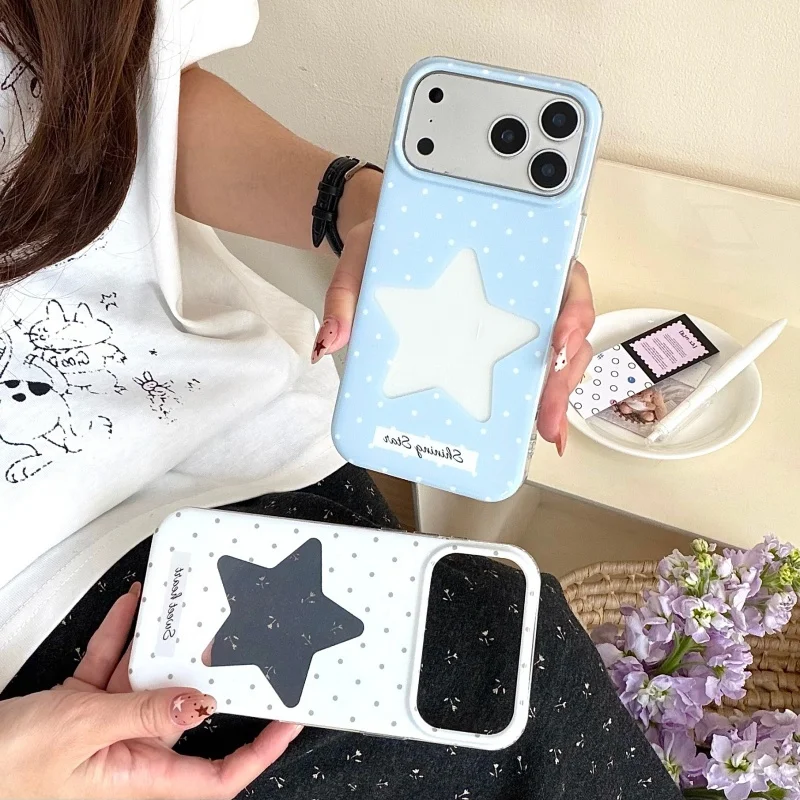 

Korean Polka Dots Hollow Star Phone Case For iPhone 17 Pro 16 15 14 Pro Max Back Cover Shockproof Cute Protective Cases For Appl