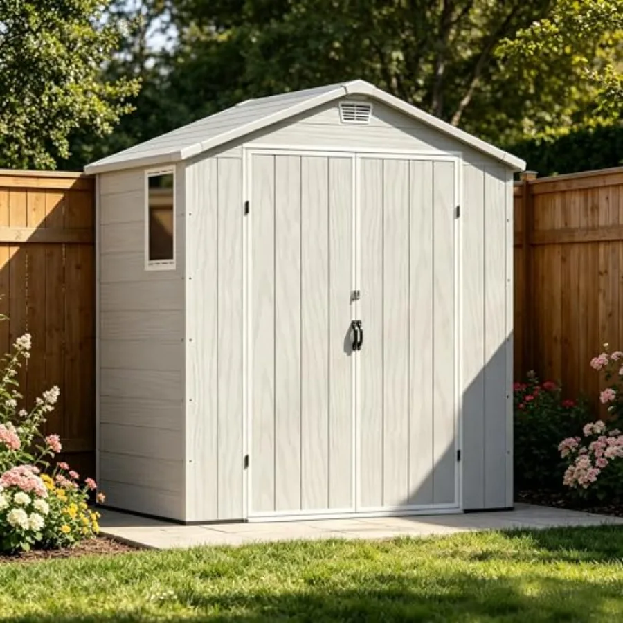 Outdoor storage shed for backyard use, resin material, light gray color, weather-resistant and includes floor