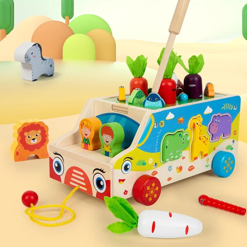 

Children's Wooden Multi functional Animal Shape Matching Toy Puzzle Pulling Carrot Game Baby Fishing Cart