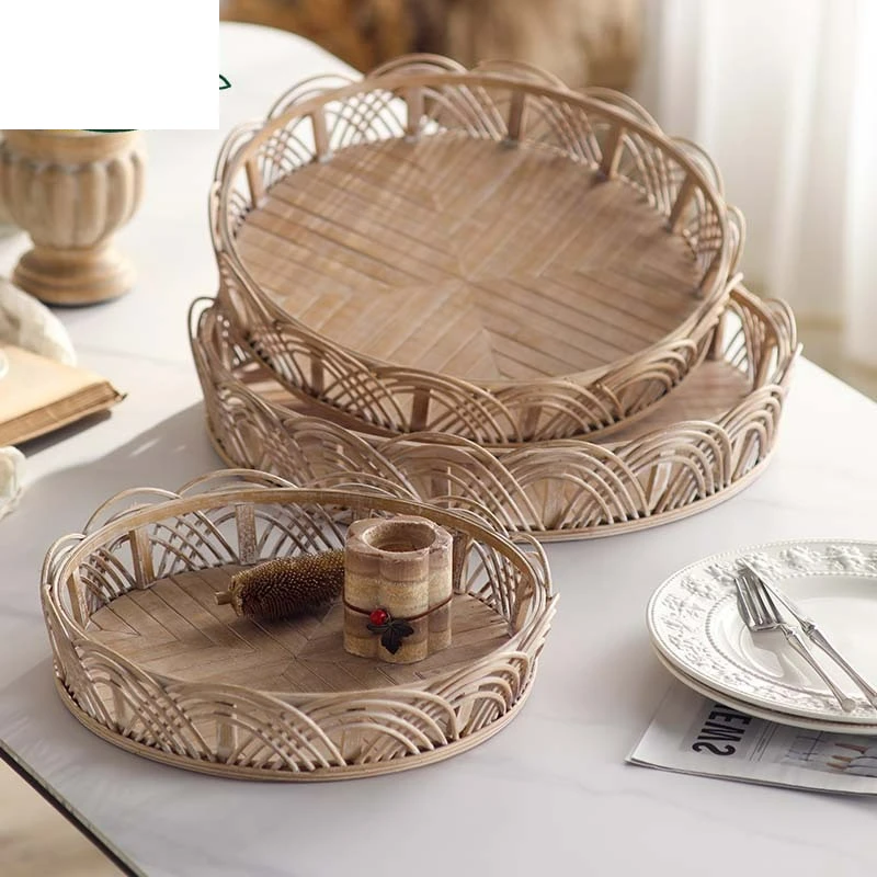 Bohemian handmade bamboo fruit plate, living room round creative storage tray, pastoral wood color bed and breakfast decoration