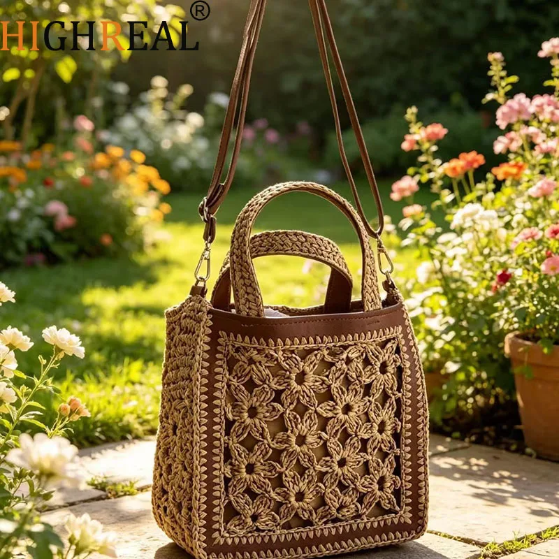 Bohemian Hollow Crochet Flower Straw Woven Bags for Women Bamboo Handle Portable Paper Rope Knitting Handbag Leisure Travel Tote