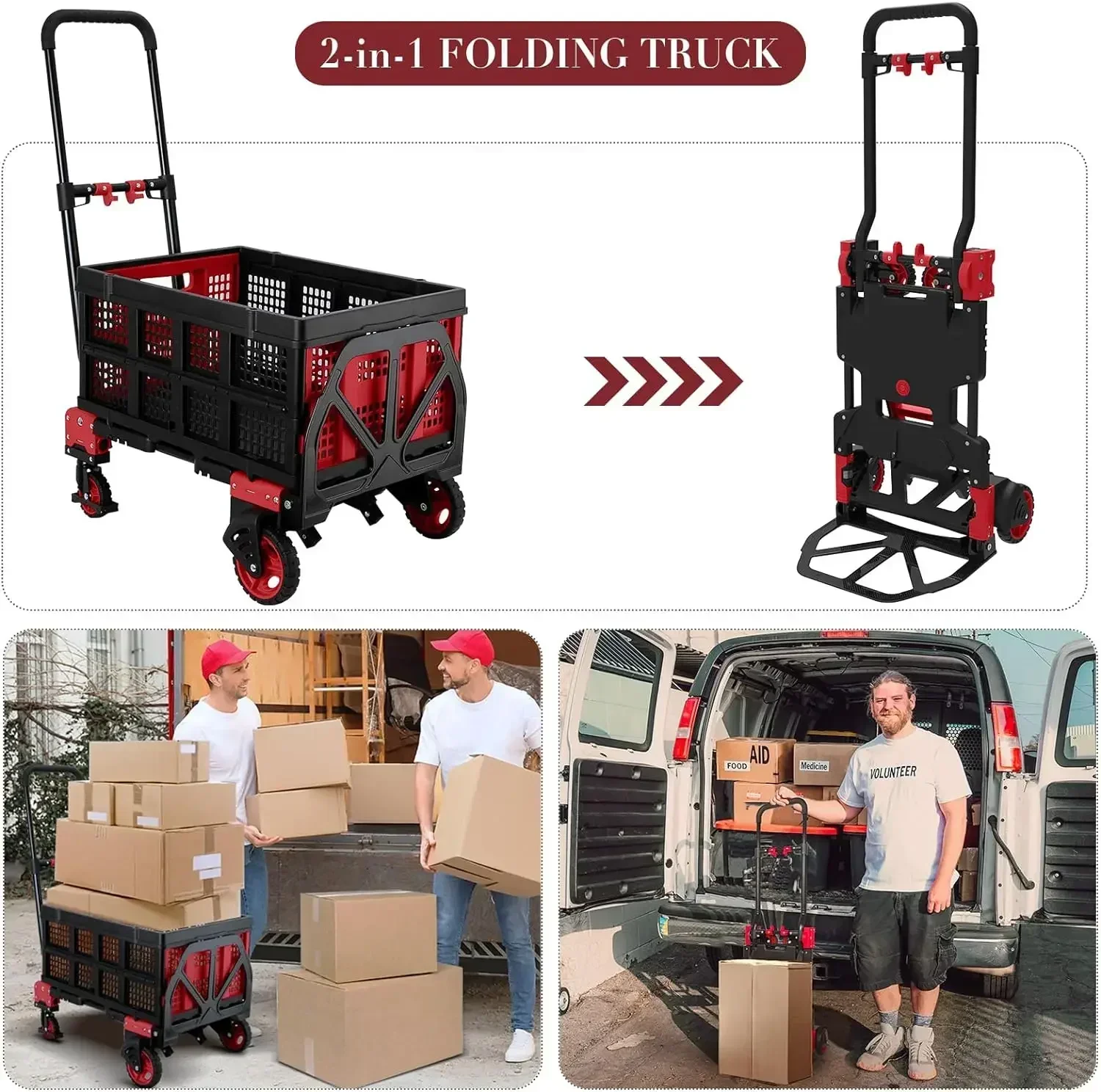 2-in-1 Hand Truck Dolly with Folding Basket,Folding Hand Truck with Rubber Wheels and Telescoping Handle