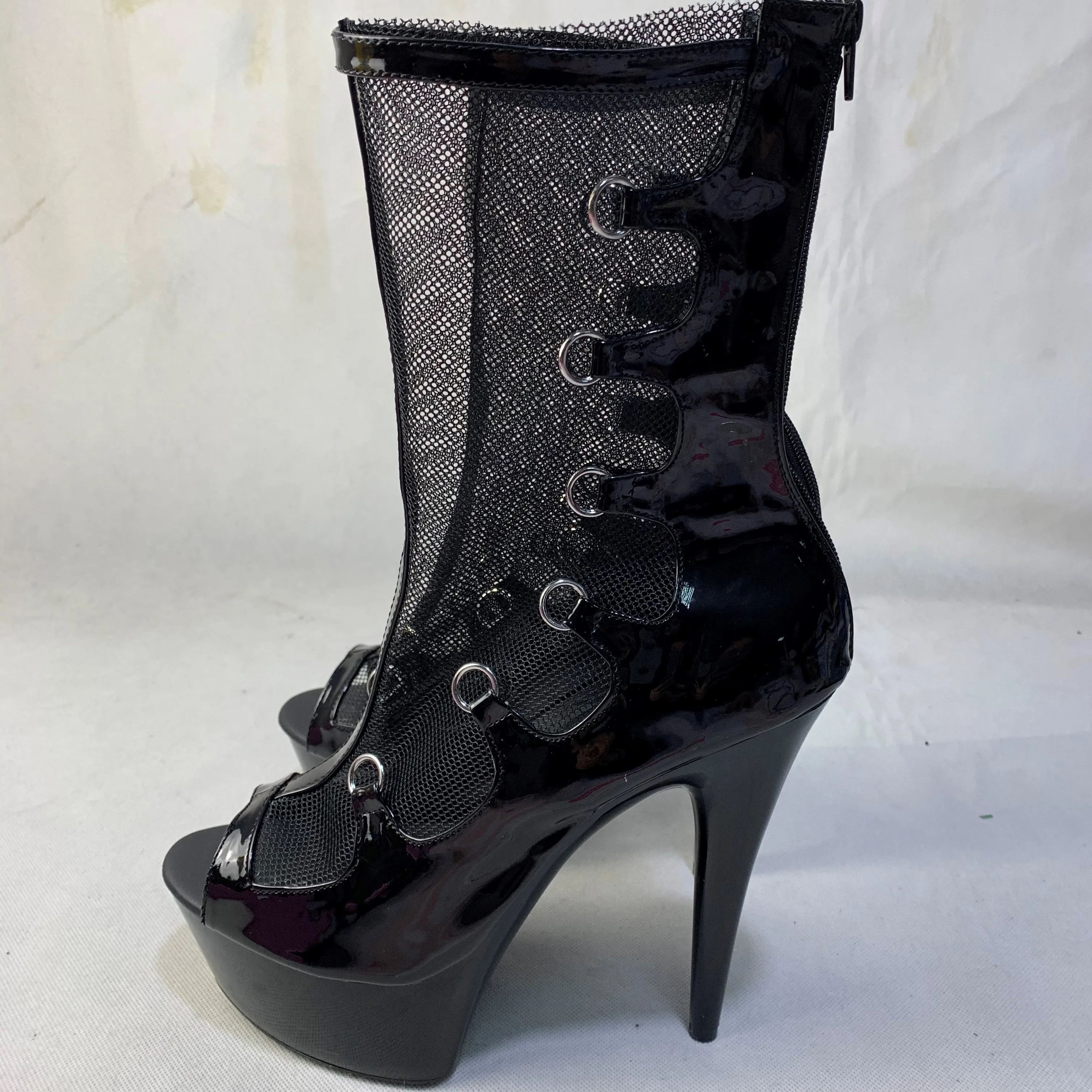 

15 cm high heel boots, sexy cross bands, black mesh booties, paint club fashionable ankle dance shoes