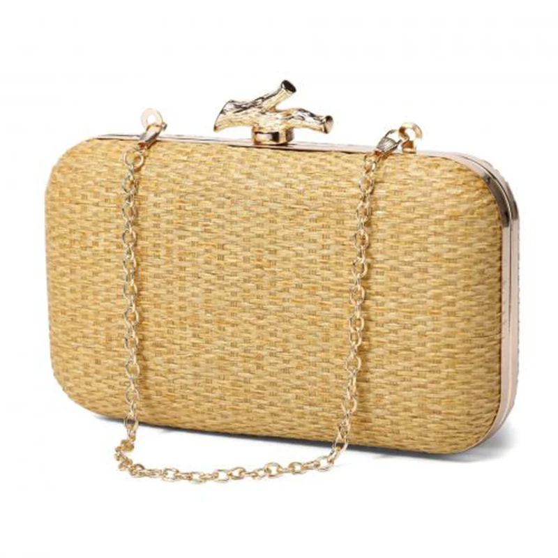 Fashion Straw Pattern Evening Handbag Lady Gold Metal Clutch Bag Shoulder Purse Party Wedding Summer Beach Bag Wicker Clutch Sac