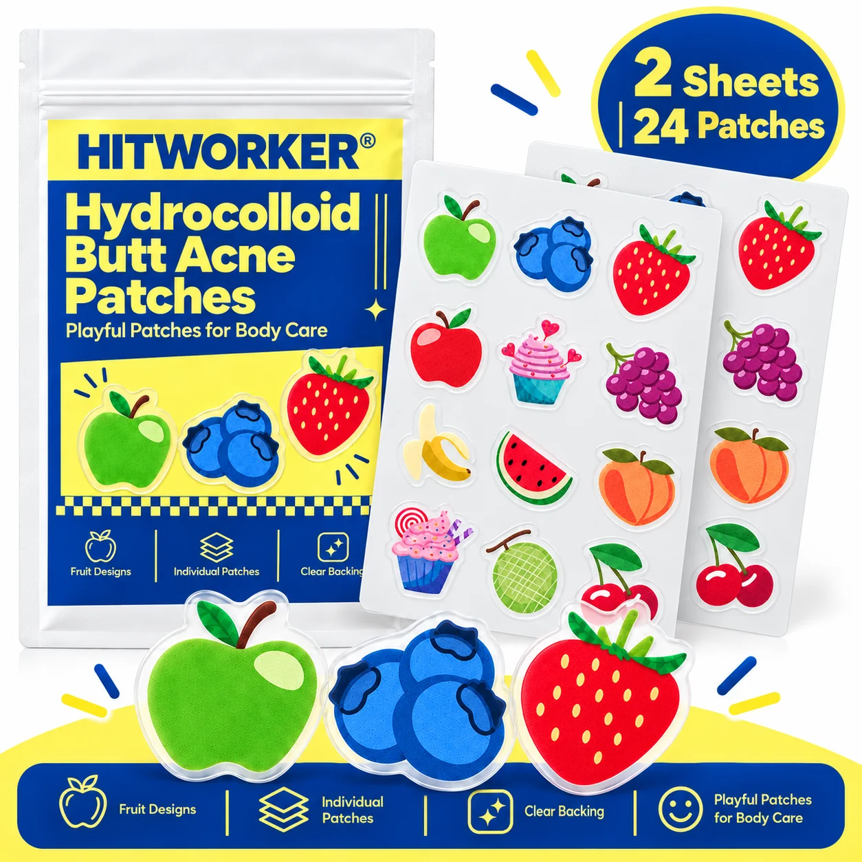 24Pcs Hydrocolloid Butt Pimple Patch Cute Fruit Shape Body Patches Transparent Backing Waterproof Skin Care Stickers