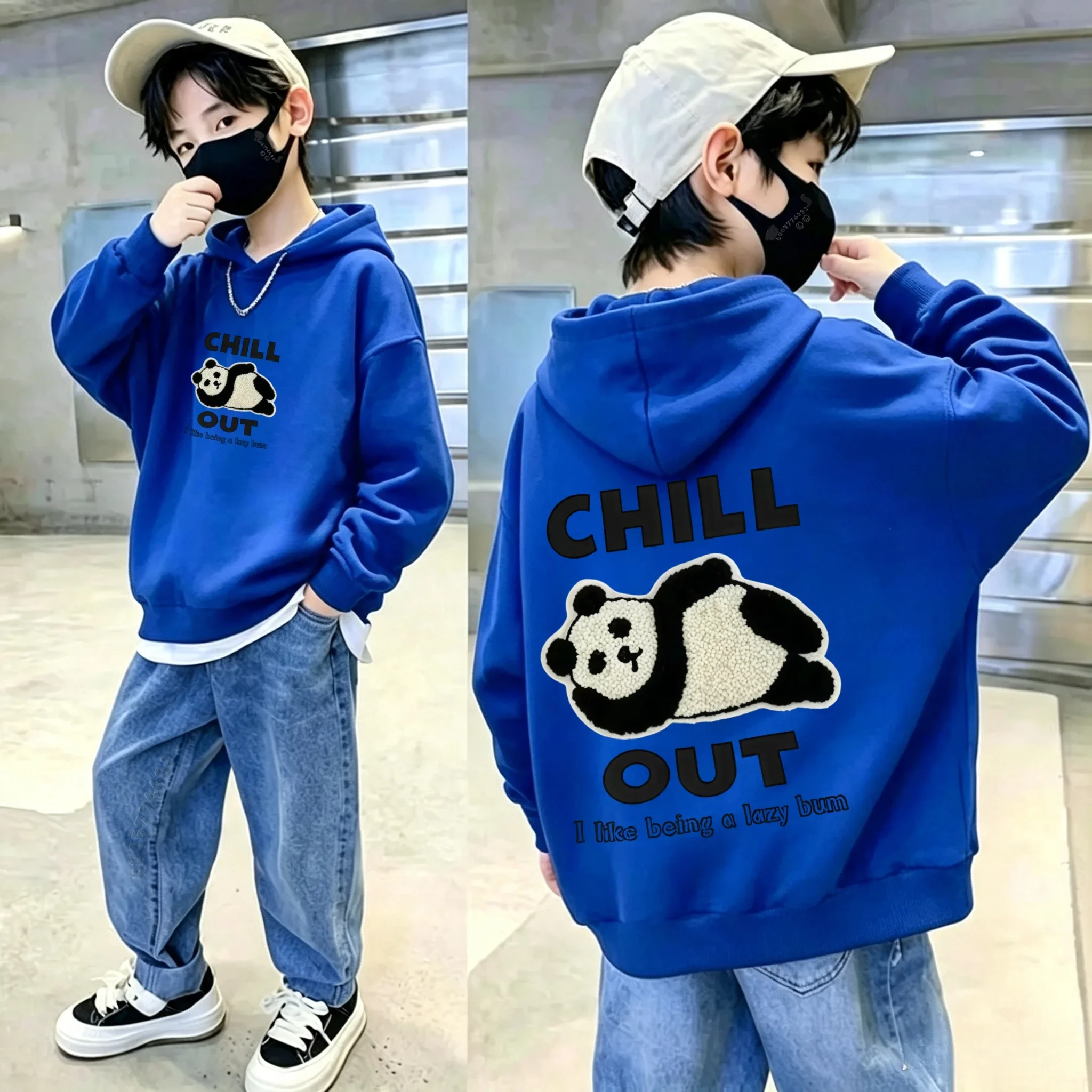 Casual-style hooded sweatshirt for children; suitable for autumn and winter; features a casual panda print; unisex design.
