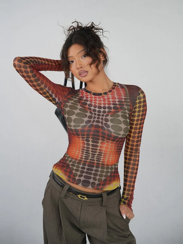 CHEERART Designer Polka Dot Long Sleeve Tees Mesh Top For Woman Graphic T Shirts Orange Fashion Tshirt 2026 Spring Clothes