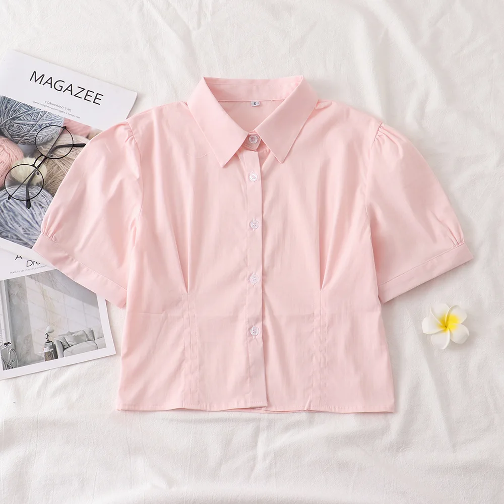 Puff Sleeve Shirt square collar Pink White short sleeve slim waist Cosplay Daily Japanese jk uniform tops