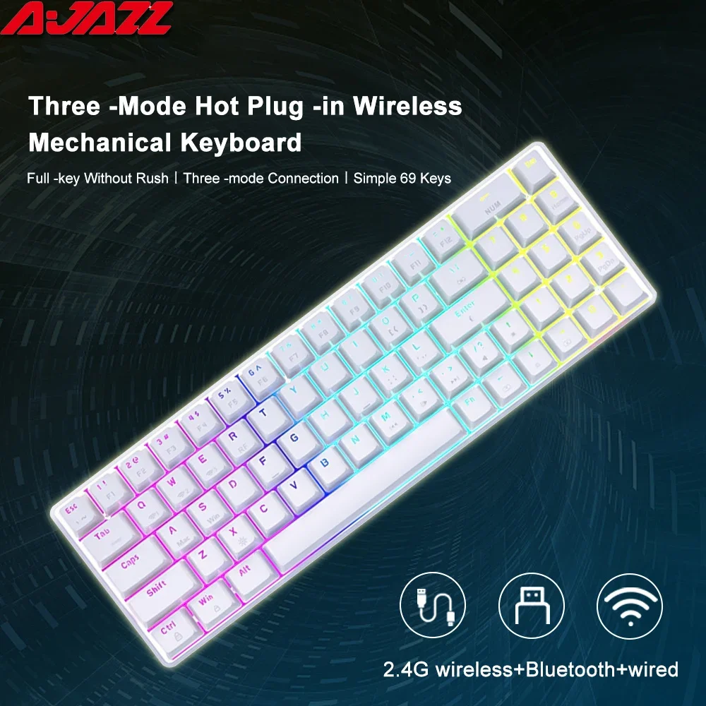 

AJAZZ AK692 Gaming Mechanical Keyboard RGB 69 Keys Hot Swap Keyboard 2.4G USB Wireless 5.0 Bluetooth Keyboard for PC Laptop