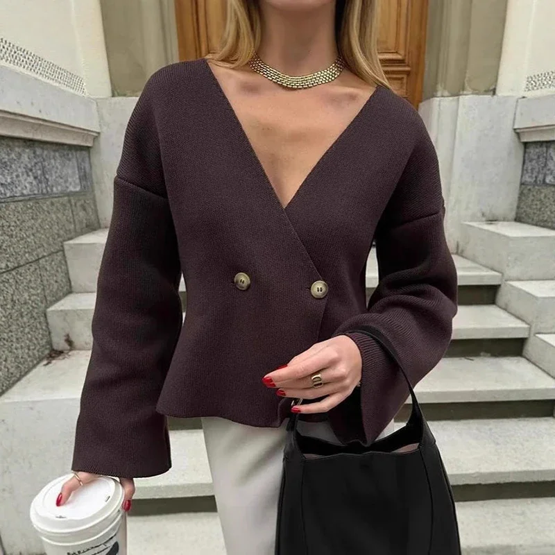 

Casual Knitted Cardigan Women's Long Sleeve V neck Short Sweater Coat Buttons Elegant Commuting Lady 2025 Knitwear Top