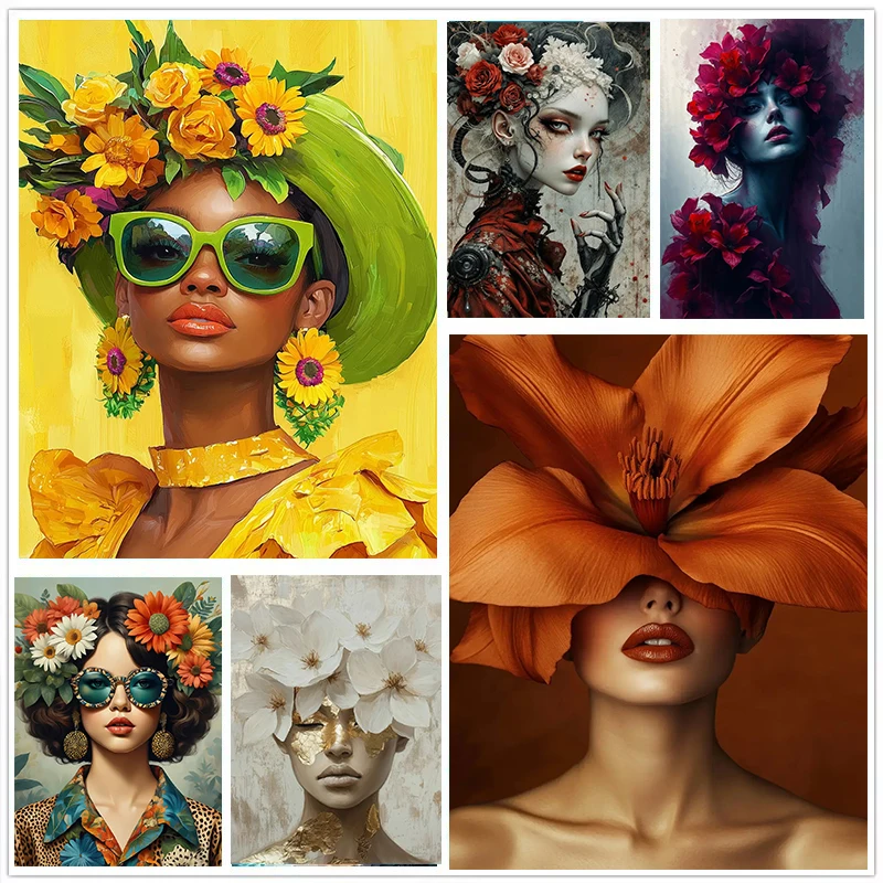 Modeporträt einer Frau mit Bunten Blumen Minimalistischer Wandkunstdruck Diamantmalerei Poster für Wohnzimmer Heimdekoration