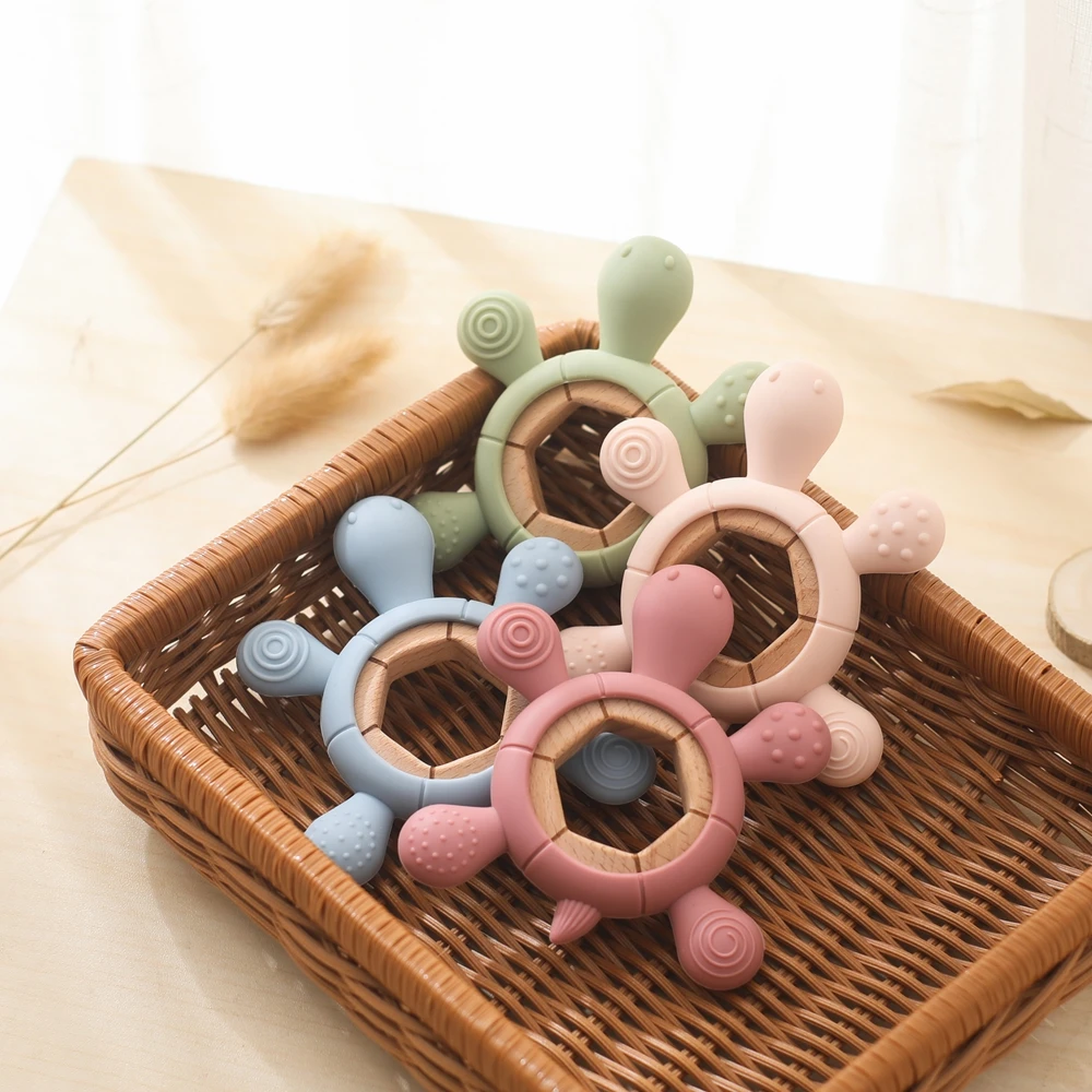 

Baby Tortoise Silicone Teether Toys BPA Free Silicone Finger Teething Wooden Ring Bracelet Baby 0 12 Month Silicone Teething Toy