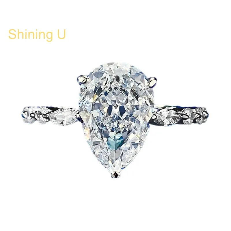 Shining U S925 Silver High Carbon Diamond 8*12mm Pear Ring for Women Fine Jewelry Engagement