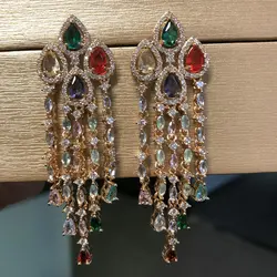 Bilincolor Golden Multicolor Cubic Zirconia Long Tassel Earring for Women