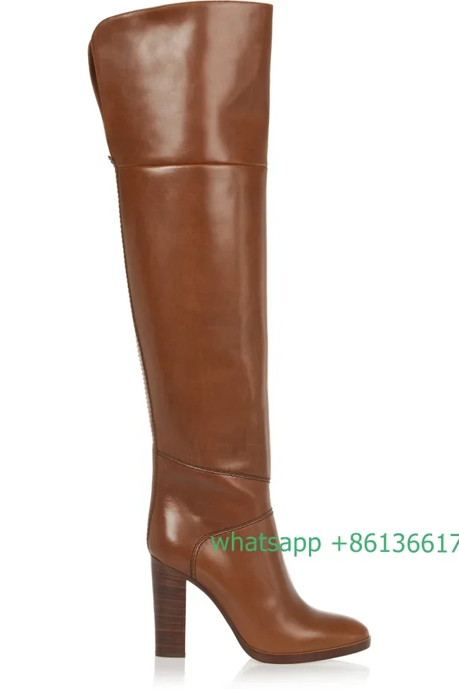 Brown PU Shine Over The Knee Boots Wood Grain Chunky Heel Splicing Long Boots Women Winter New Fashion Catwalk Shoes Boots