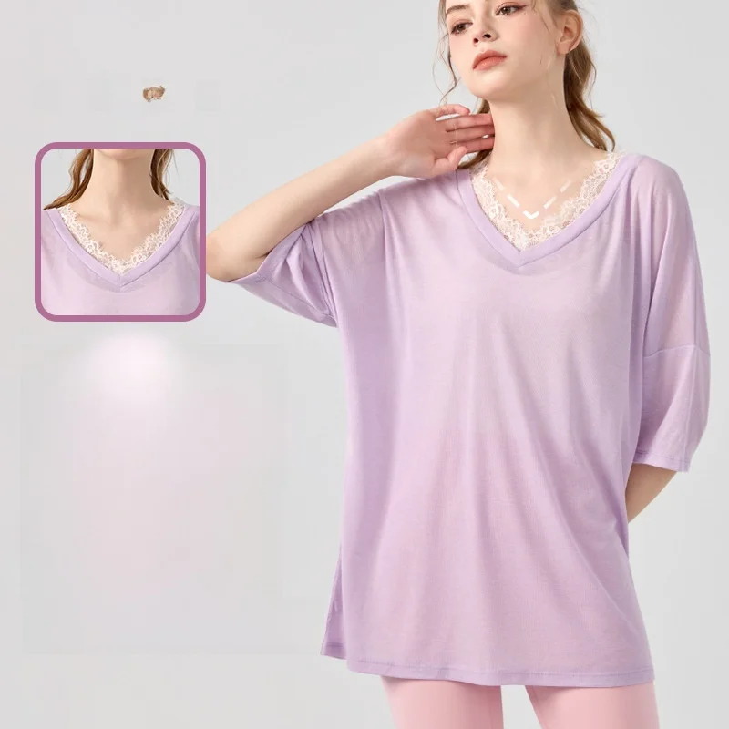 

Женская свободная кружевная одежда для йоги с v-образным вырезом, футболка с короткими рукавами, универсальная блузка для пилатеса в ленивом стиле, спортивный топ для фитнеса