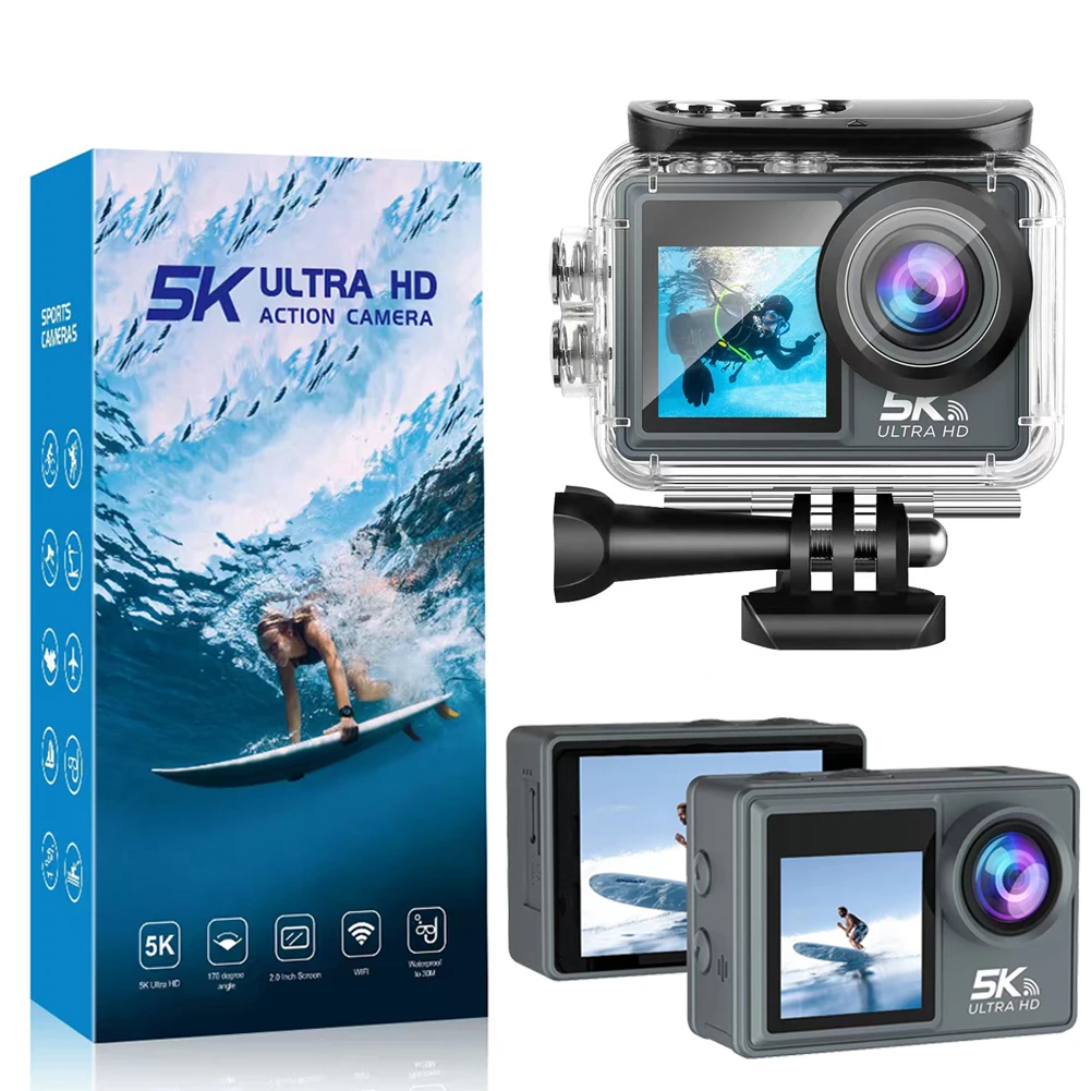 

5K 30FPS Action Diving Camera Anti shake Waterproof Sport Cameras Dual Screen Wide Angle 30m Remote Control Bicycle Cam