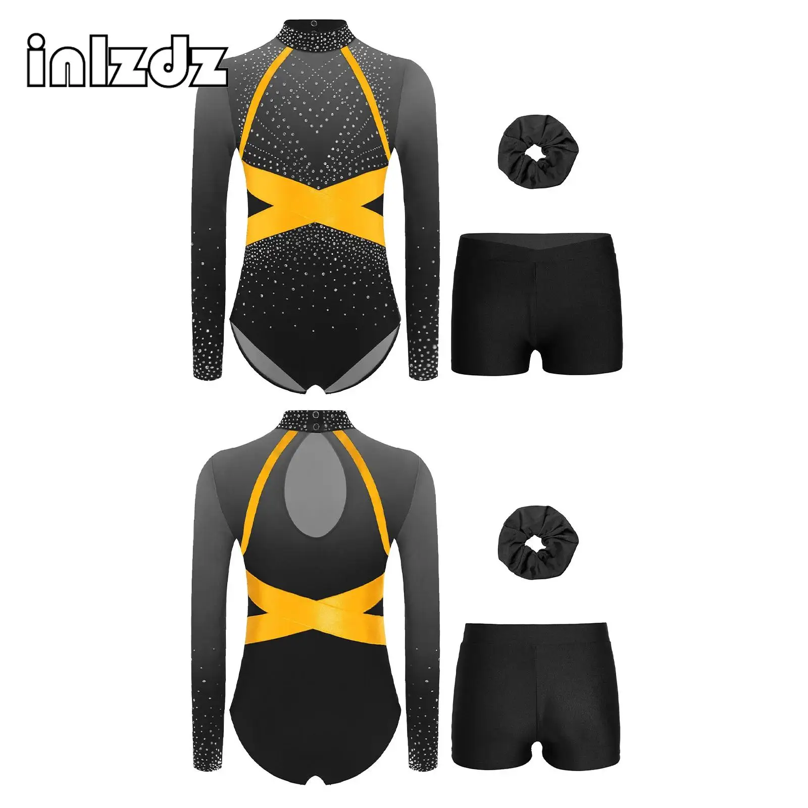 

Girl's Gymnastics Dance Outfit Long Sleeve Color Block Leotard+Shorts+Hairband Shiny Rhinestone Stage Performance Dancewear Sets