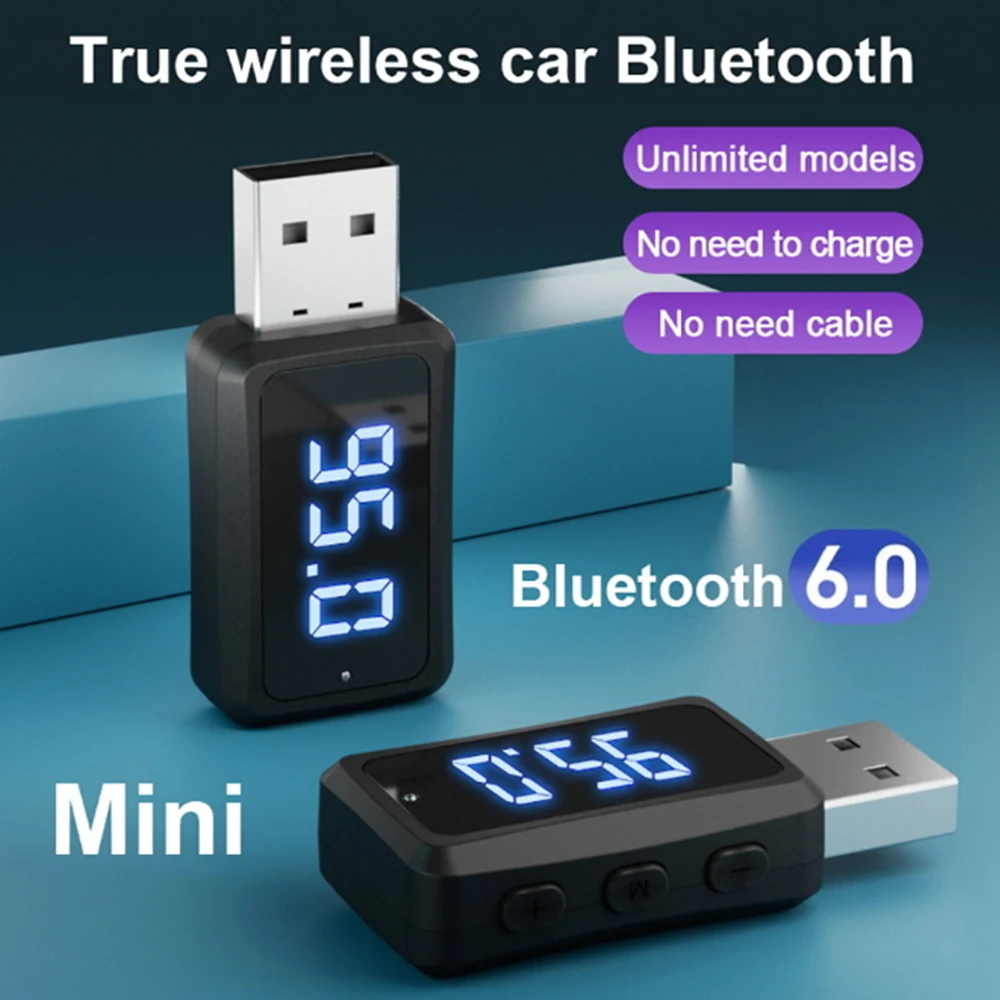 Transmisor y receptor USB mini Bluetooth 6.0 para coche con pantalla LED, kit de llamadas manos libres, audio inalámbrico para coche, para radio FM