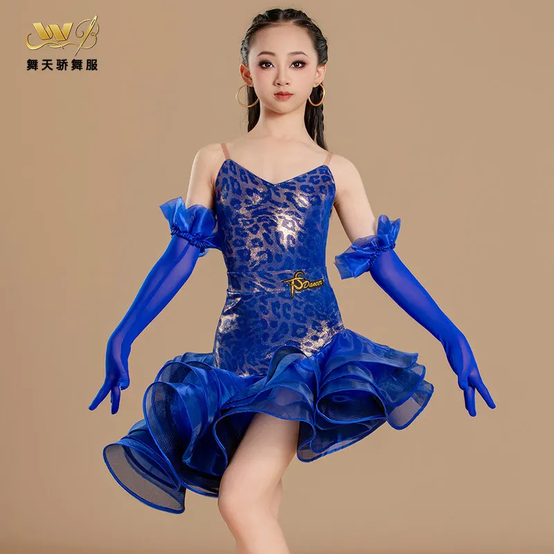 

Новый костюм для латиноамериканских танцев для девочек: комплект с леопардовым принтом, длинными рукавами и короткой юбкой для выступлений в стиле ча-ча-ча и свинг-танцев