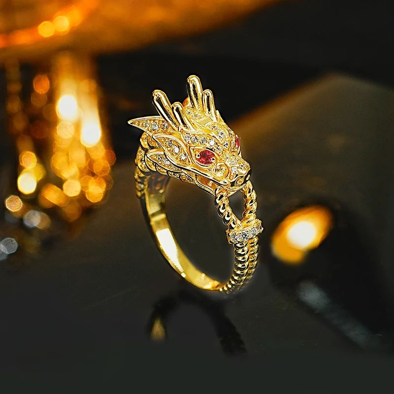 

Medieval Style Personalized Dragon Head 925 Silver Zodiac Ring Inlaid with High Carbon Diamond Retro Domineering Wedding Jewelry