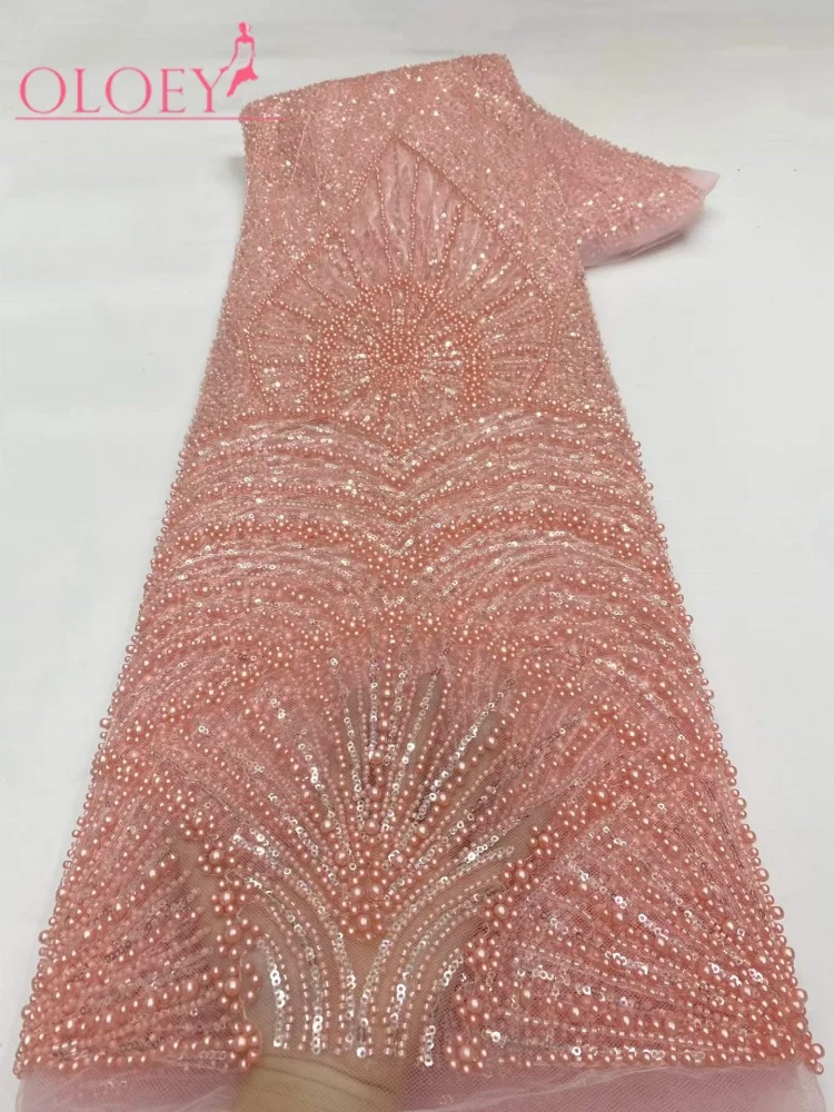OLOEY African Beaded Sequins Lace Fabric Fashion French Groom Embroidery Mesh For Nigerian Women Party Wedding Dress Sewing