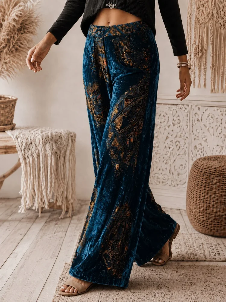 New Women's Velvet Printed Wide-Leg Pants - High-Waisted, Soft and Elastic, Providing Warmth and Comfort. Retro Oriental Geometric Patterns in Royal Blue, with Bohemian Style Pocket Design. High-End Luxurious Texture, Suitable for Wearing at Daytime Party
