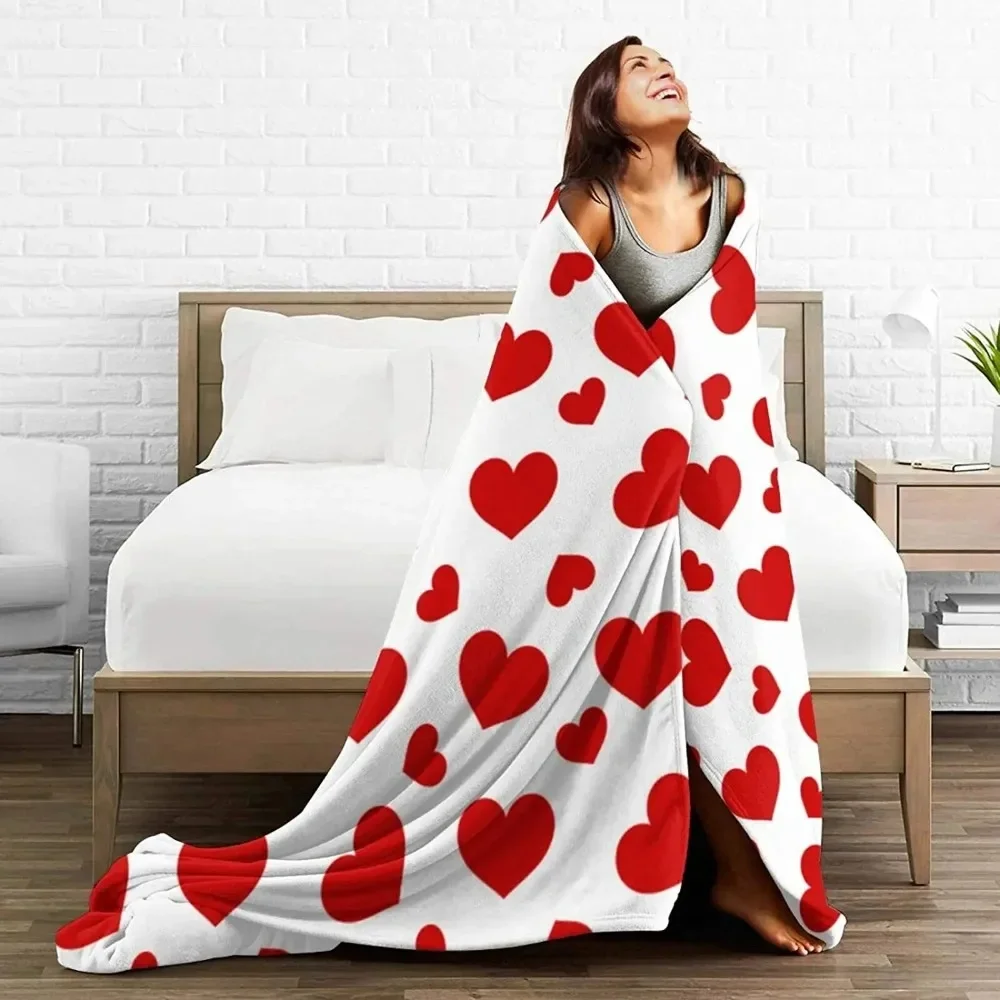 Love Hearts Throw Blanket Valentine's Day Cute Red Decorative Flannel Throw Soft Cozy for Couch Bed Sofa All Season