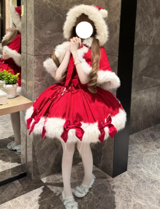 الشتاء سميكة لوليتا السنة الجديدة فستان عيد الميلاد الأحمر الحلو فتاة القوس شيك عالية الخصر ألف خط أنيقة فساتين حفلات الأميرة مجموعات