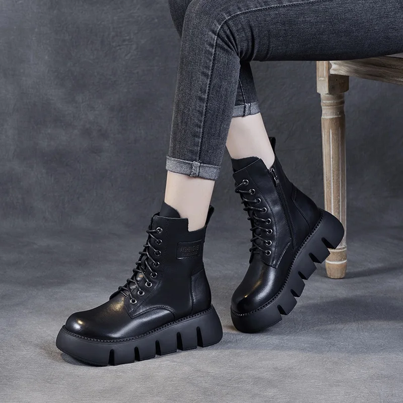 DRKANOL Women Boots 2024 Handmade Retro 100% Genuine Leather Chunky Platform Ankle Boots For Women Wedges Heel Winter Warm Shoes