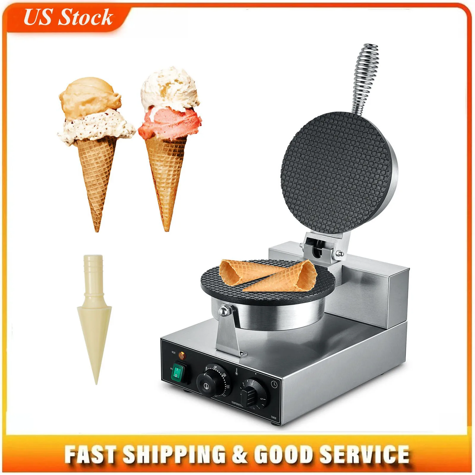 Electric Ice Cream Cone Maker, Commercial 1230W Waffle Cone Machine, Non-Stick Stainless Steel Egg Roll Mold, with Temperature and Time Control, Handle, for Restaurant Bakery Snack Bar Family