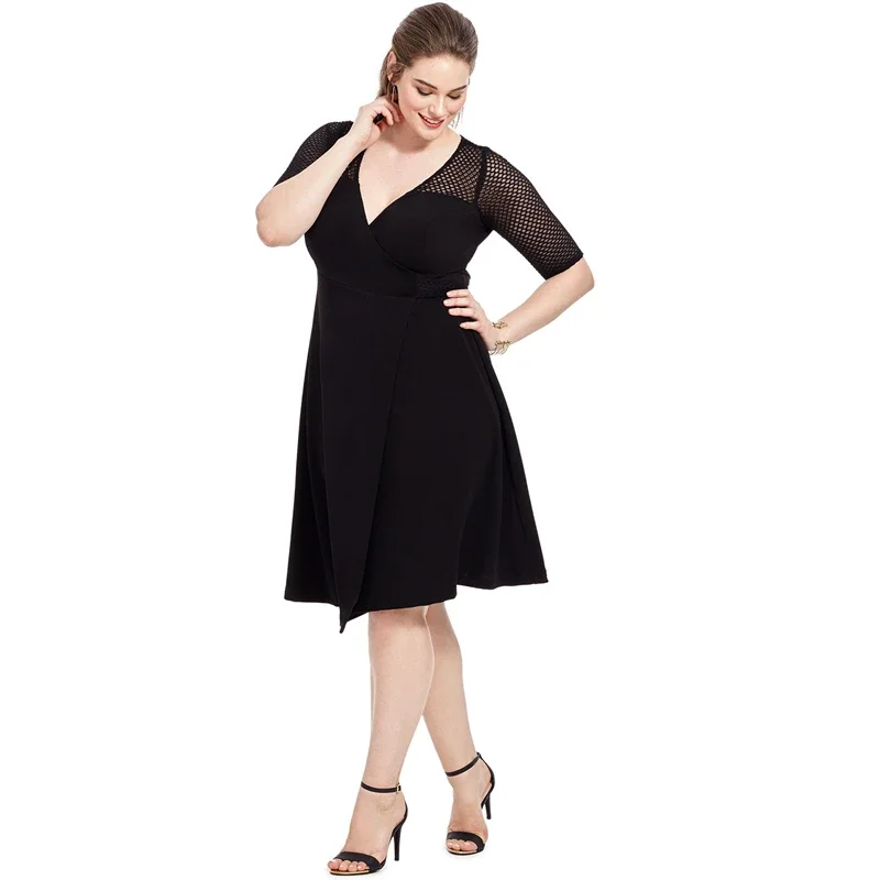 

Plus Size Short Sleeve Summer Elegant Wrap Dress Women Mesh Panel Sashes Waist Fit And Flare Party Dress Black A-line Dress 6XL