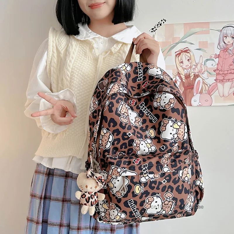 Hello Kitty New High Capacity Korean Edition Backpack Cute Leopard Printed Fashion Shoulders Bag Sweet Y2k Girl Casual Backpack