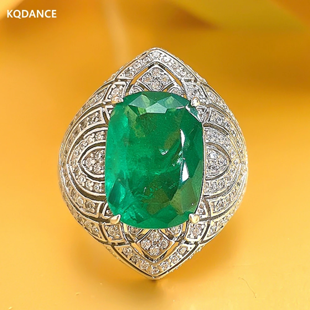 KQDANCE Luxury 925 Sterling Silver With Green Large 10 Carat Cushion Cut Created Emerald Gemstone Ring For Women Fine Jewelry