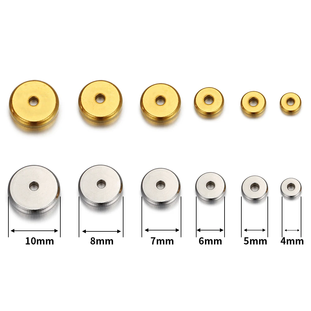 20pcs/lot 304 Stainless Steel Spacer Beads 4 5 6 7 8 10mm Golden Flat Round Loose Beads for DIY Bracelet Jewelry Making Findings