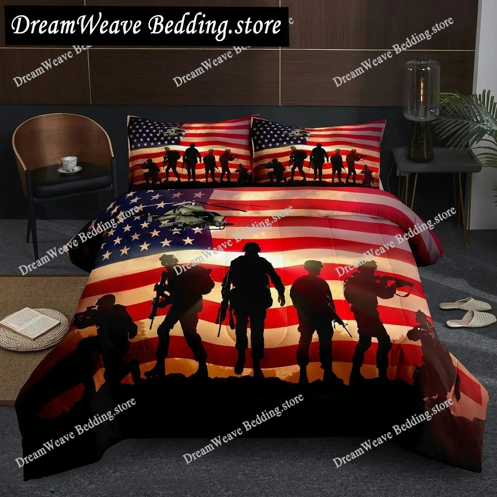 

American Soldier Duvet Cover Set Twin for Boys Teens, American Flag Comforter Cover Set,Airplane Queen Size Bedding Sets