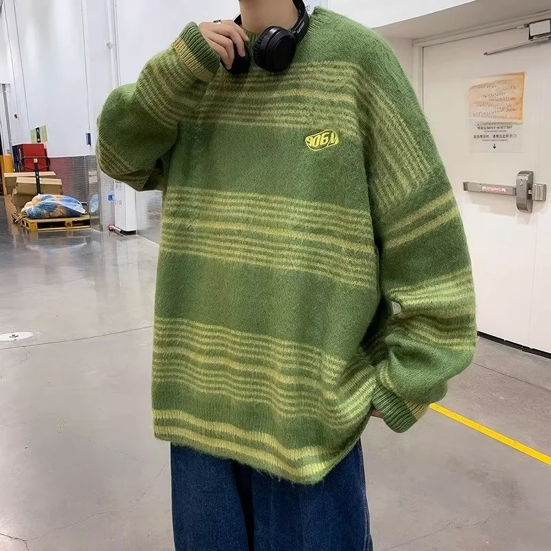 

Laid-ba Striped Knitwear Men's Loose Warm Overhead Sweater Autumn Winter Thiened Inner Wear Polyester Fiber Casual Sle