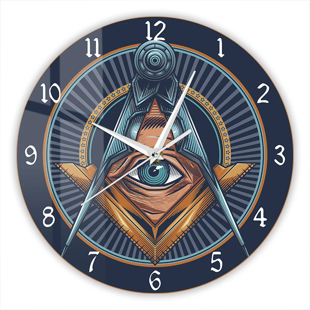 Freemason Masonic Square Compass Symbol Print Wall Clock Freemasonry All Seeing Eye Freemason Artwork Elegant Silent Wall Watch