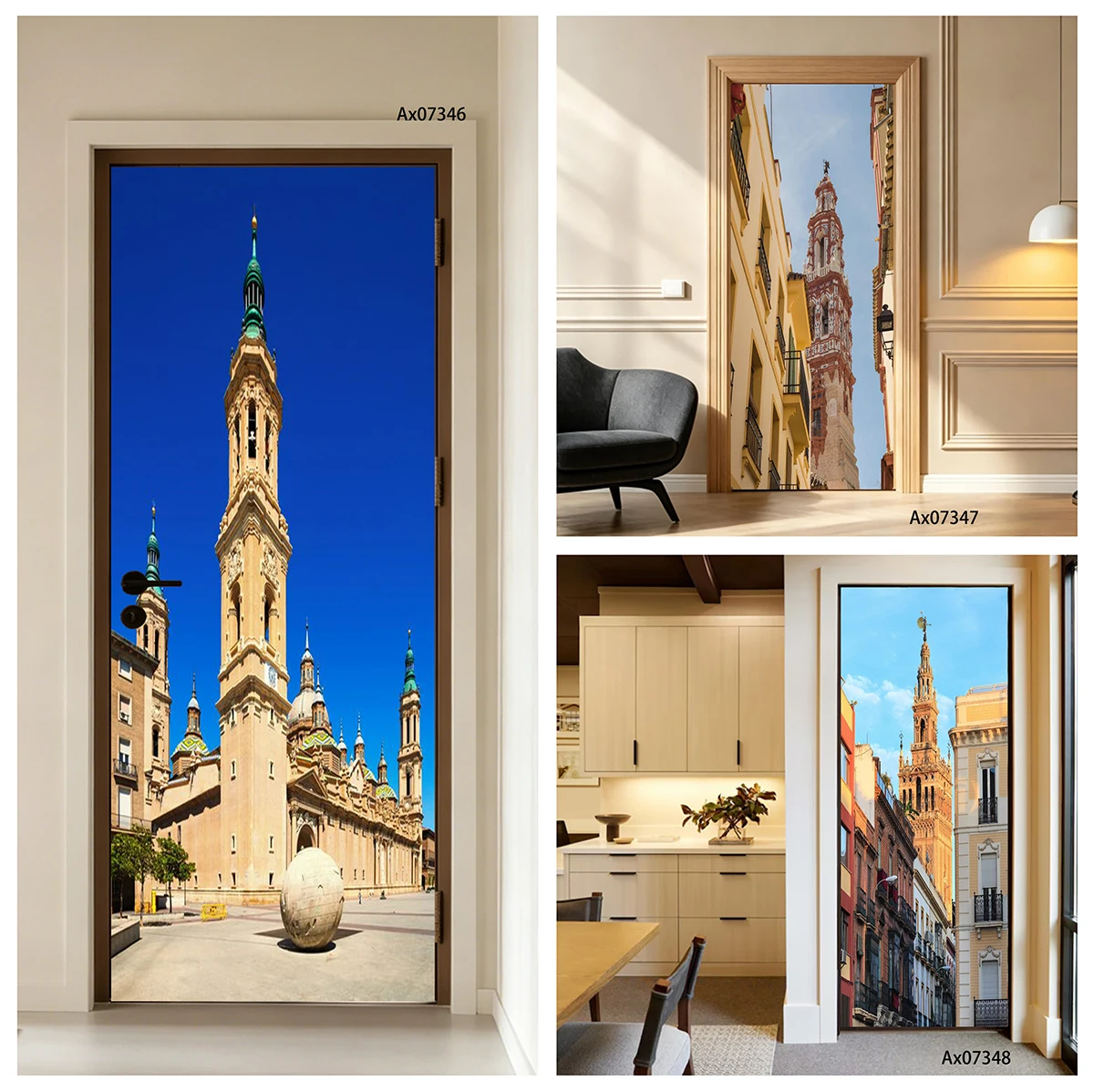 Door Decal Waterproof Removable Spanish Cathedral Plaza View Wall Sticker Home Interior Entry Door Wall Decor Self Adhesive