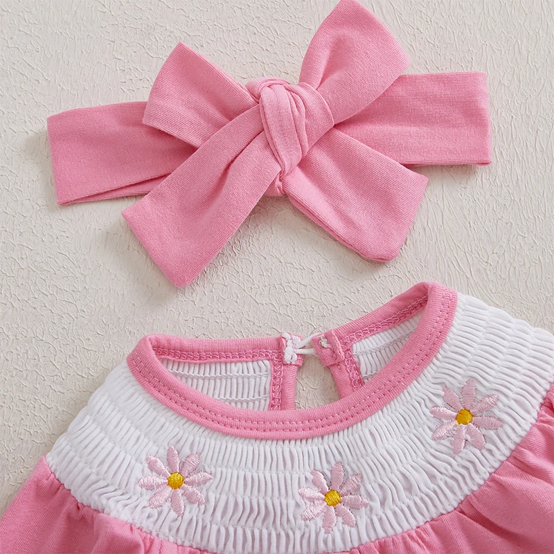 Infant Baby Girl Outfit Long Sleeve Smocked Floral Embroidered Bubble Romper Newborn Girl Fall Winter Spring Clothes